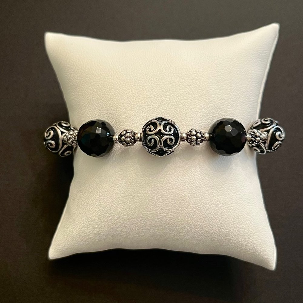 Ornate Black and Silver Thai Bead Bracelet, 8"